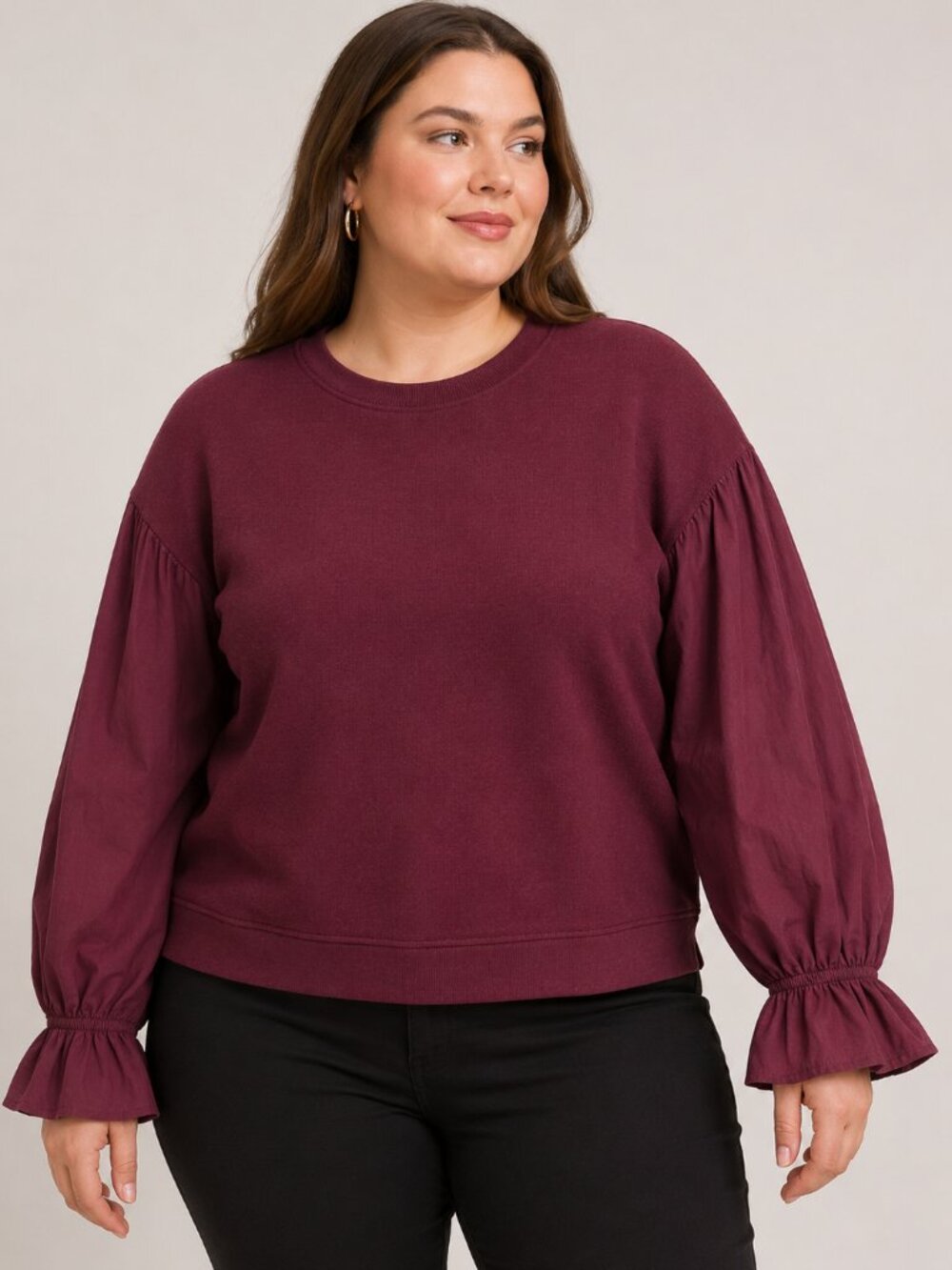 ELOQUII 14/16 Burgundy Mixed Media Terry Top Woven Balloon Ruffle Sleeves